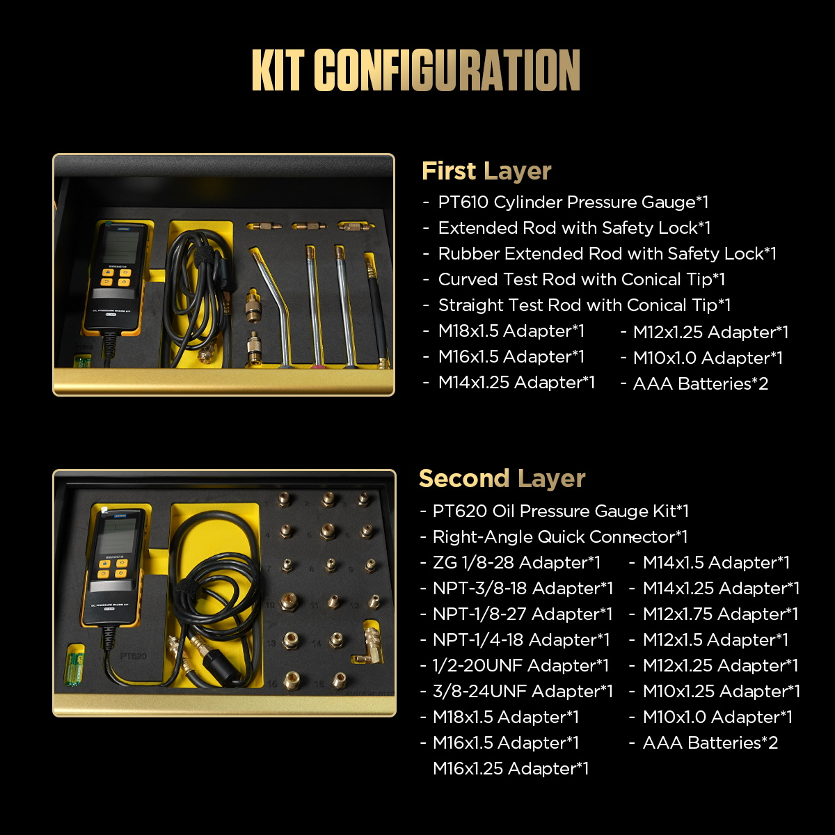 AUTOOL S2 pressure-testing cart layer diagram with gauges, pumps, hoses and threaded adapters organized by drawer.