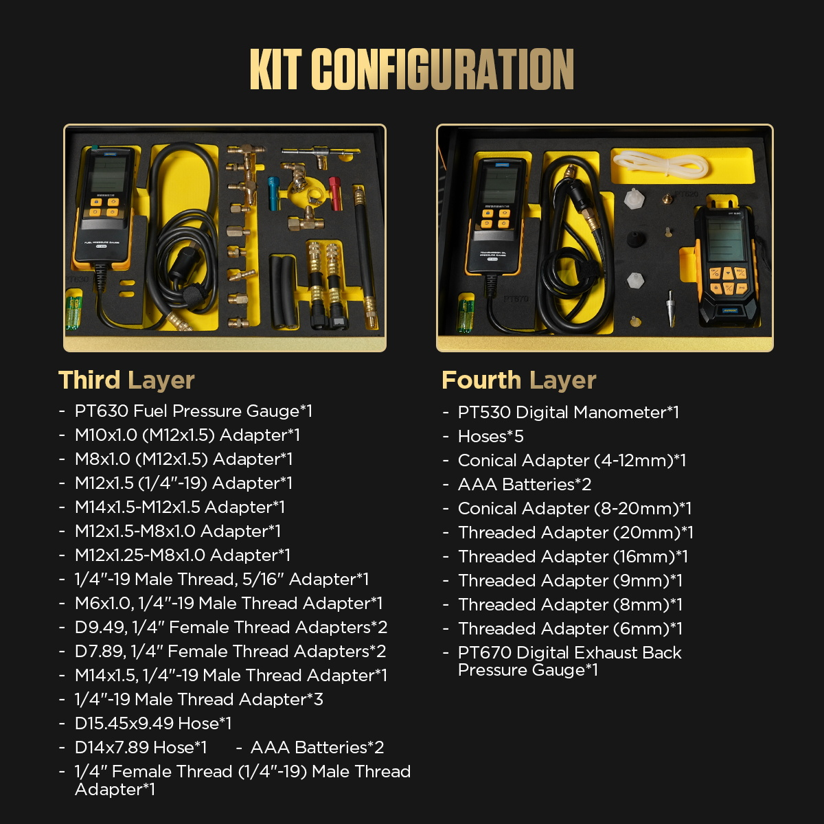 AUTOOL S2 pressure-testing cart layer diagram with gauges, pumps, hoses and threaded adapters organized by drawer.