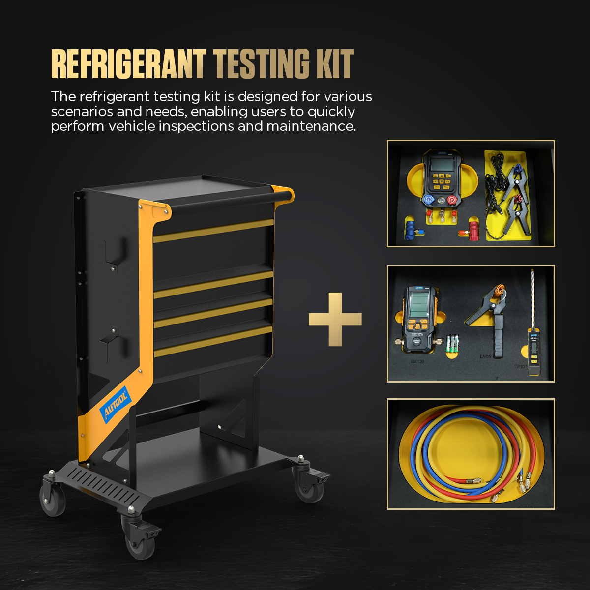 AUTOOL S3 refrigerant-testing cart beside the separate instrument and hose groups supplied with the kit.
