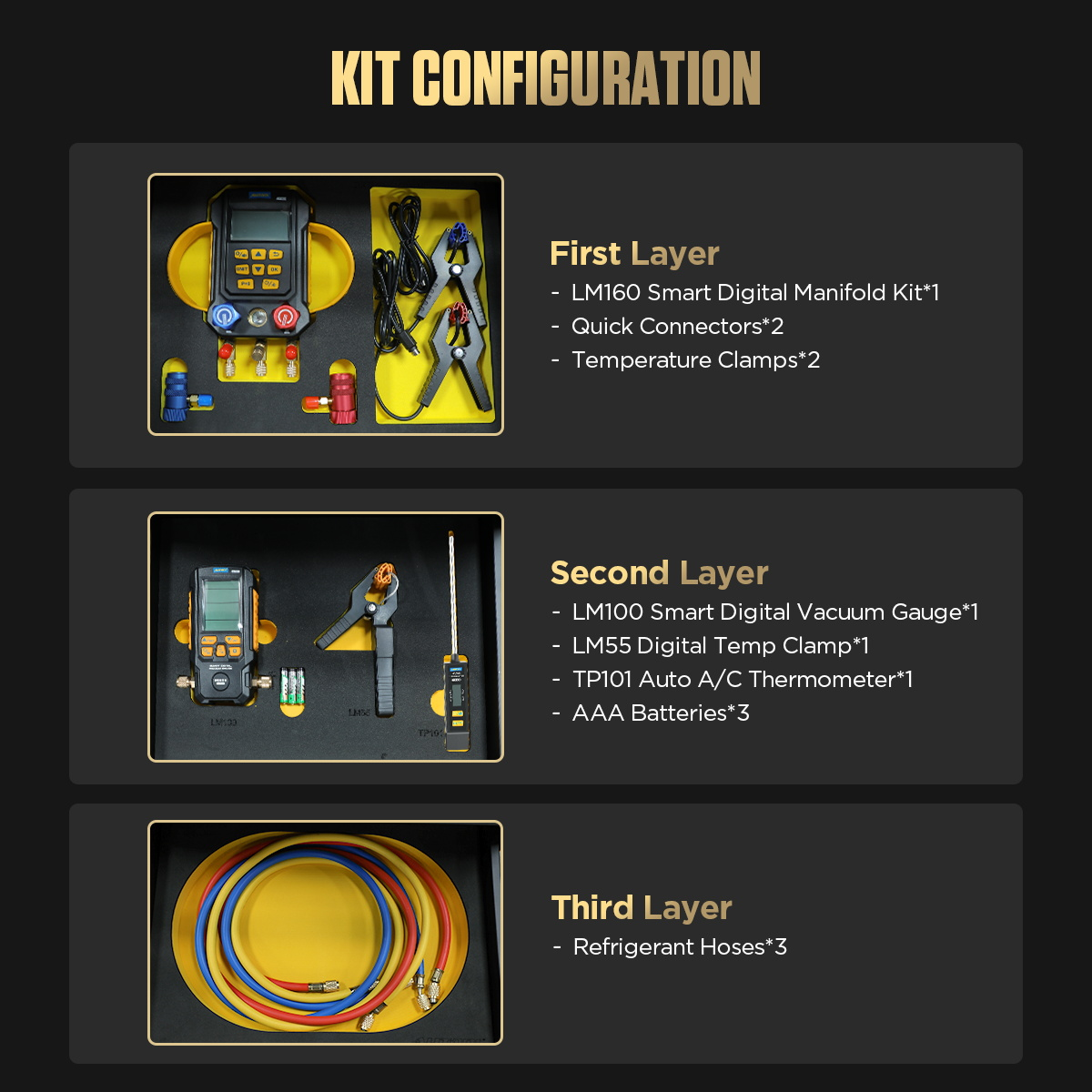 AUTOOL S3 drawer-layer diagram with refrigerant identifier, vacuum gauge, digital manifold, temperature meter and hoses.