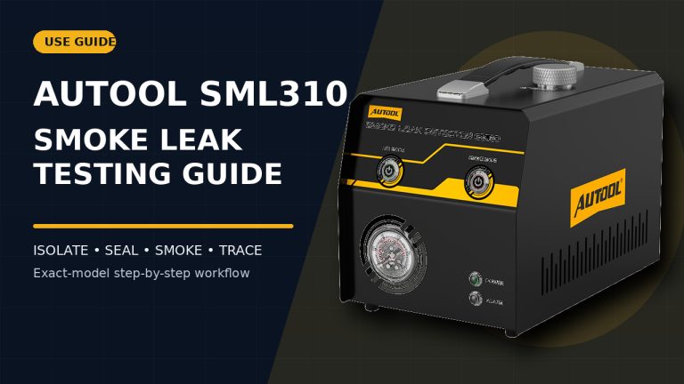 AUTOOL SML310 smoke leak detector beside a How to Use title.