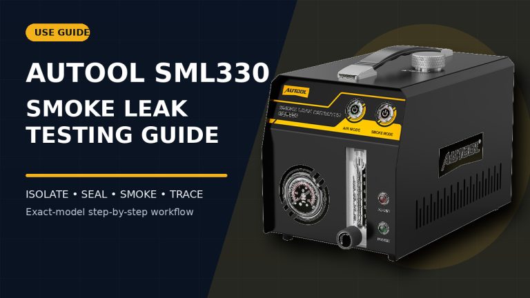 AUTOOL SML330 smoke leak detector beside a How to Use title.