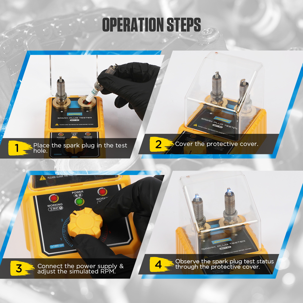 AUTOOL SPT101 spark plug installation and operating steps.
