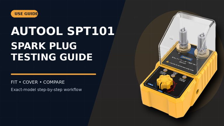 AUTOOL SPT101 spark plug tester beside a How to Use title.