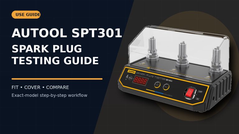 AUTOOL SPT301 spark plug tester beside a How to Use title.