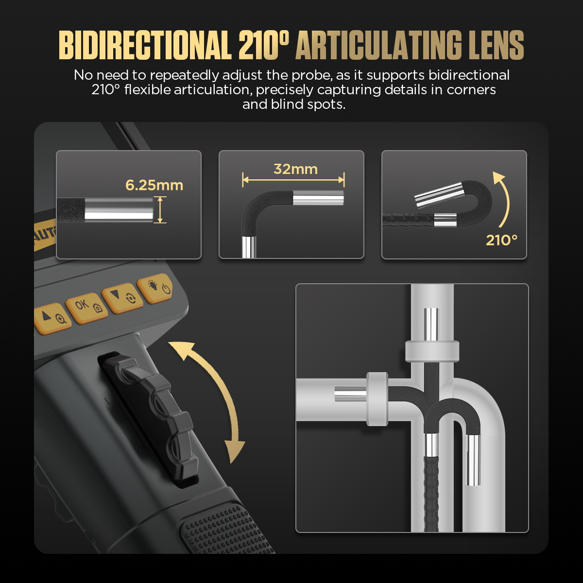 AUTOOL SVB208 articulation range and camera-head steering feature.
