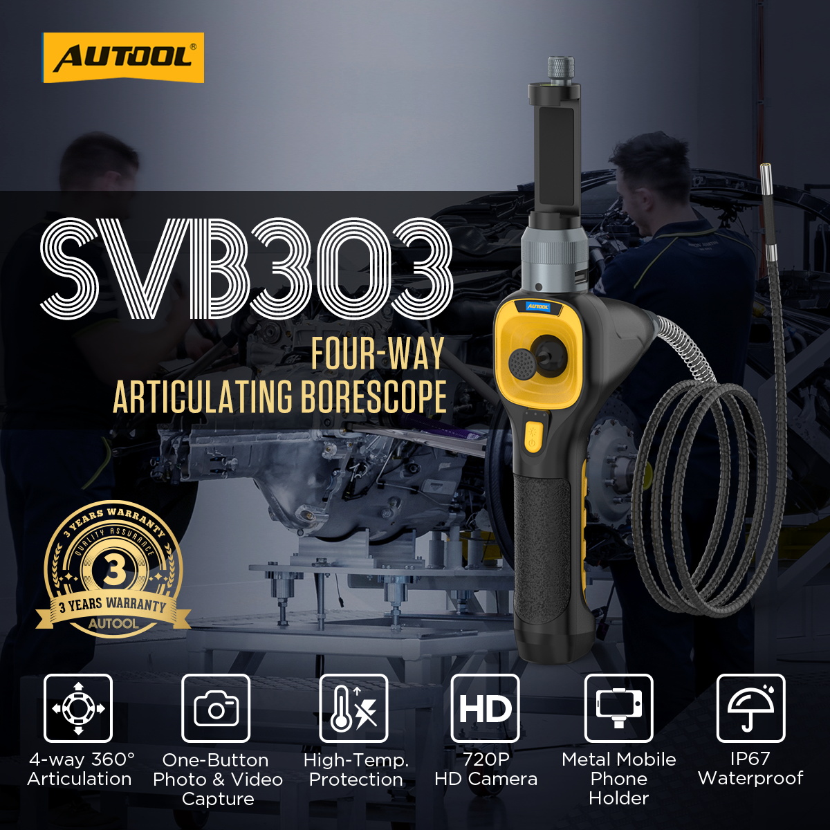 AUTOOL SVB303 articulation range and camera-head steering feature.
