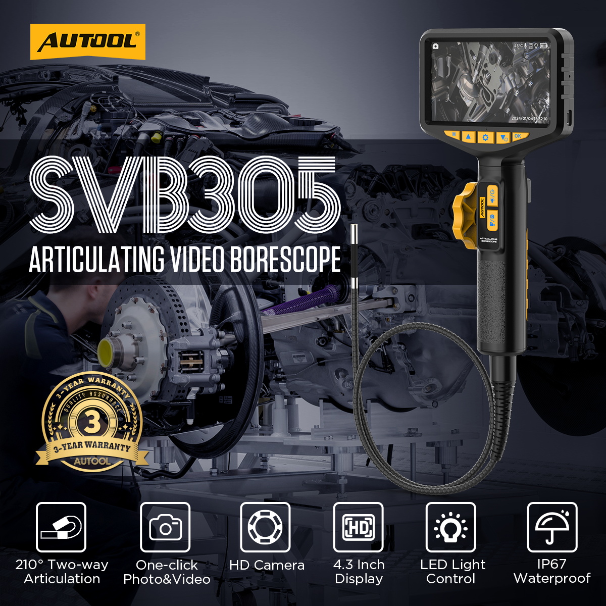 AUTOOL SVB305 articulation range and camera-head steering feature.
