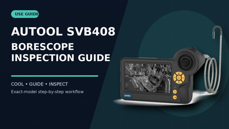 AUTOOL SVB408 automotive borescope beside a How to Use title.