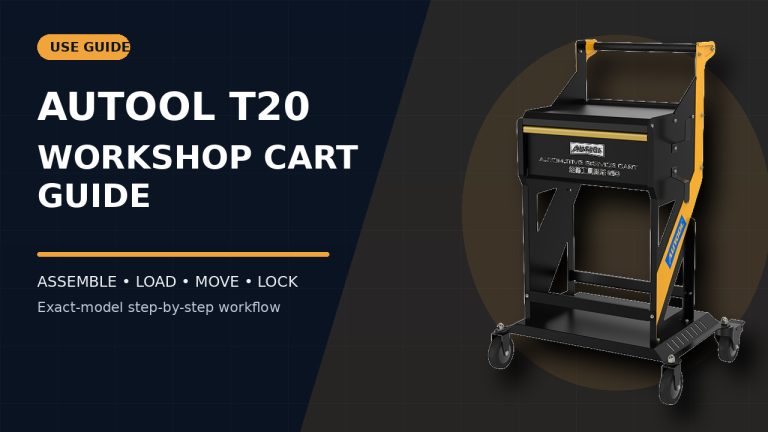 AUTOOL T20 workshop tool cart beside a How to Use title.
