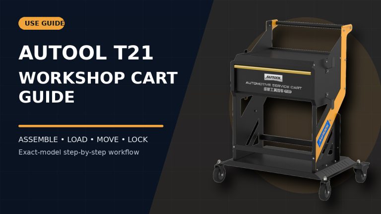 AUTOOL T21 workshop tool cart beside a How to Use title.