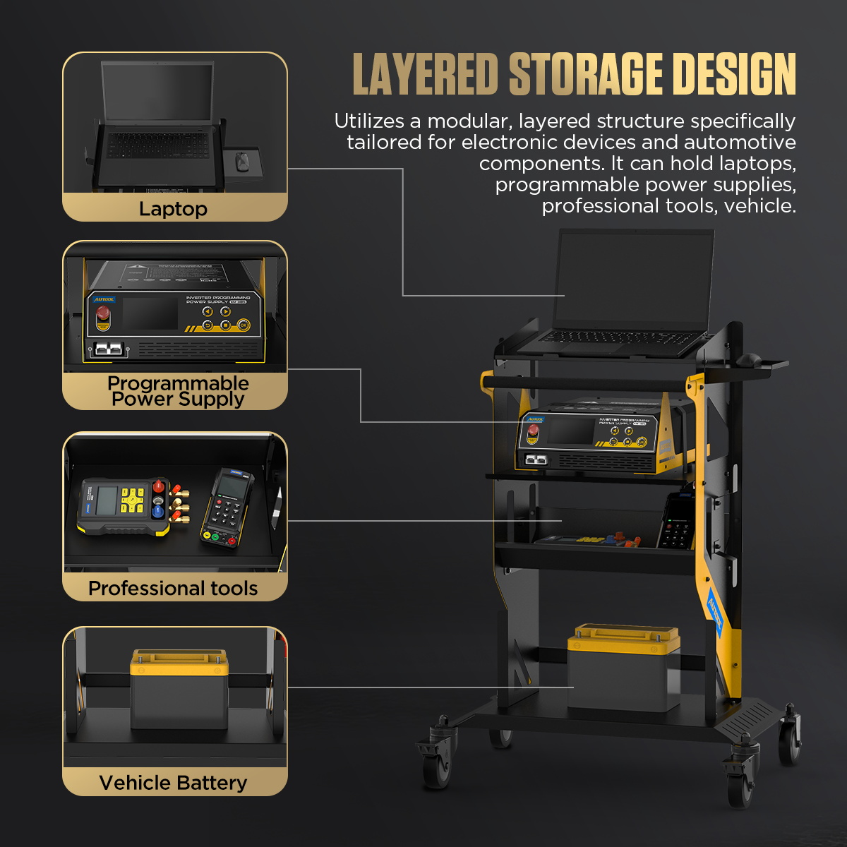 AUTOOL T22 storage zones for distributing workshop tools equipment cables and heavy items.