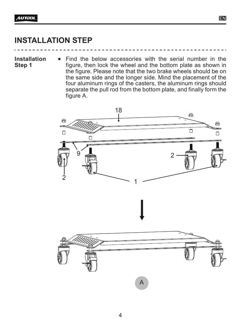 AUTOOL T23 manual diagram showing two brake casters on the same side of the bottom plate and the caster hardware order.