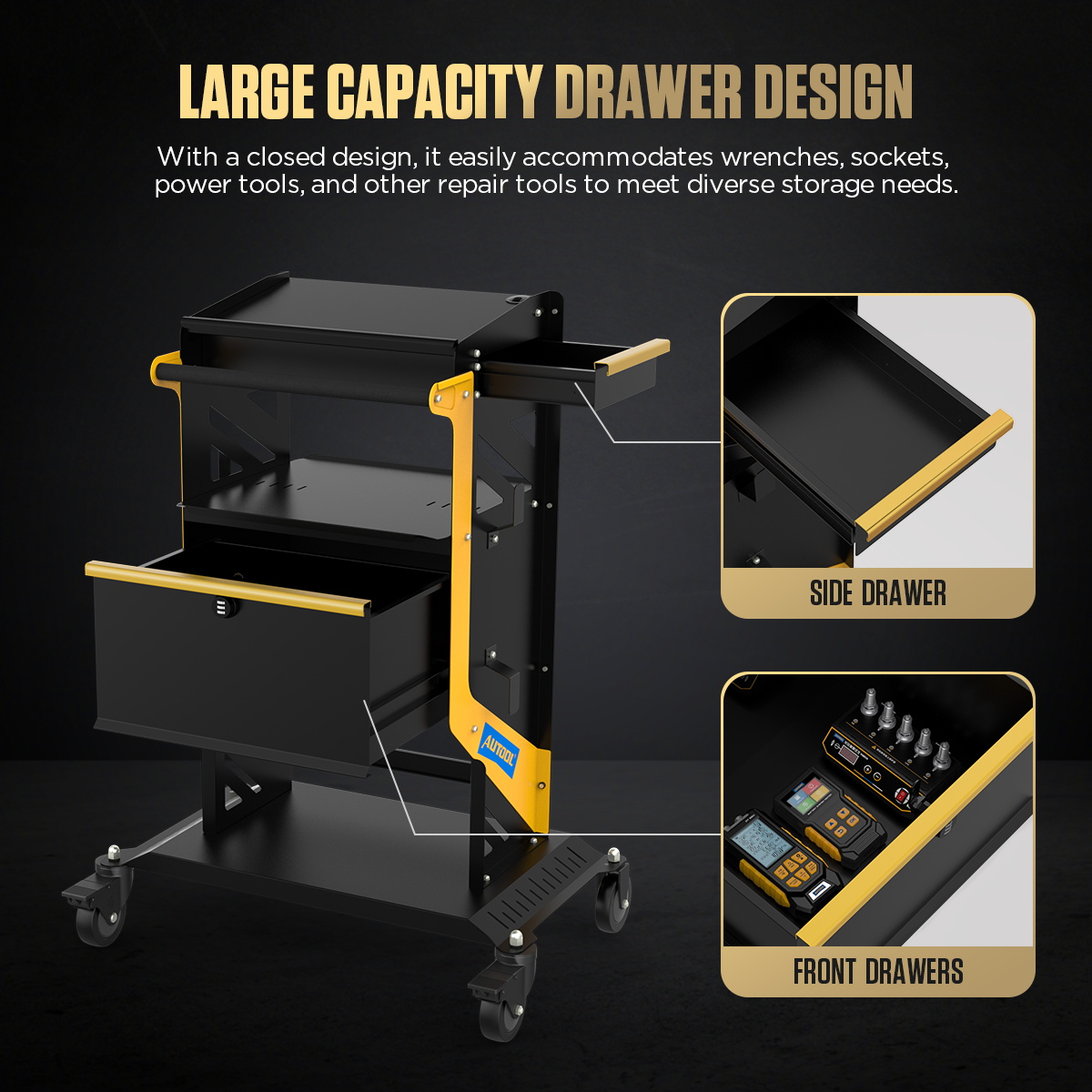 AUTOOL T25 storage zones for distributing workshop tools equipment cables and heavy items.