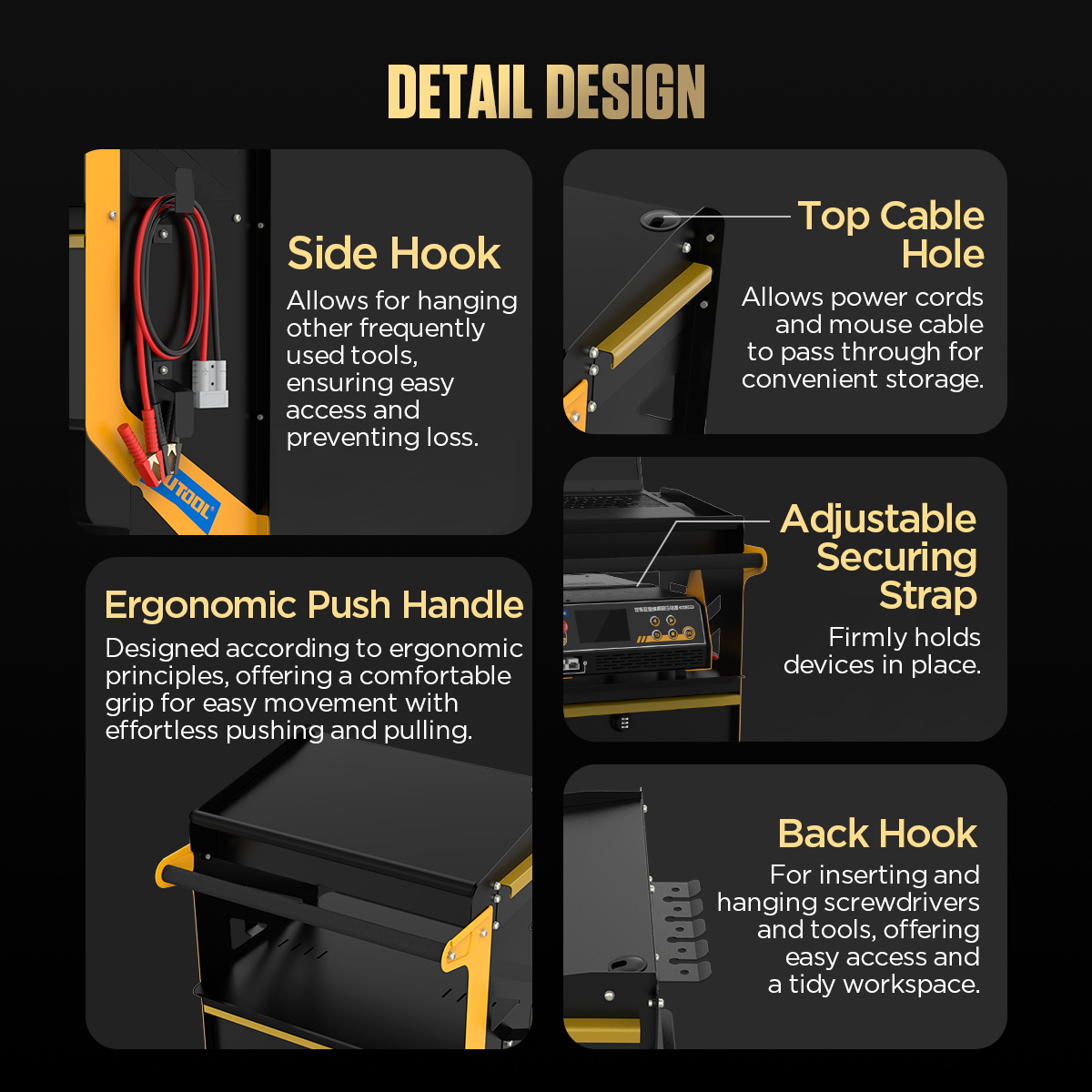 AUTOOL T25 handle hooks strap and cable routing details for contained workshop movement.