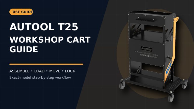 AUTOOL T25 workshop tool cart beside a How to Use title.