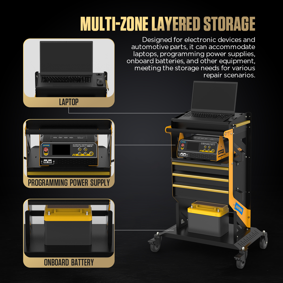 AUTOOL T26 storage zones for distributing workshop tools equipment cables and heavy items.