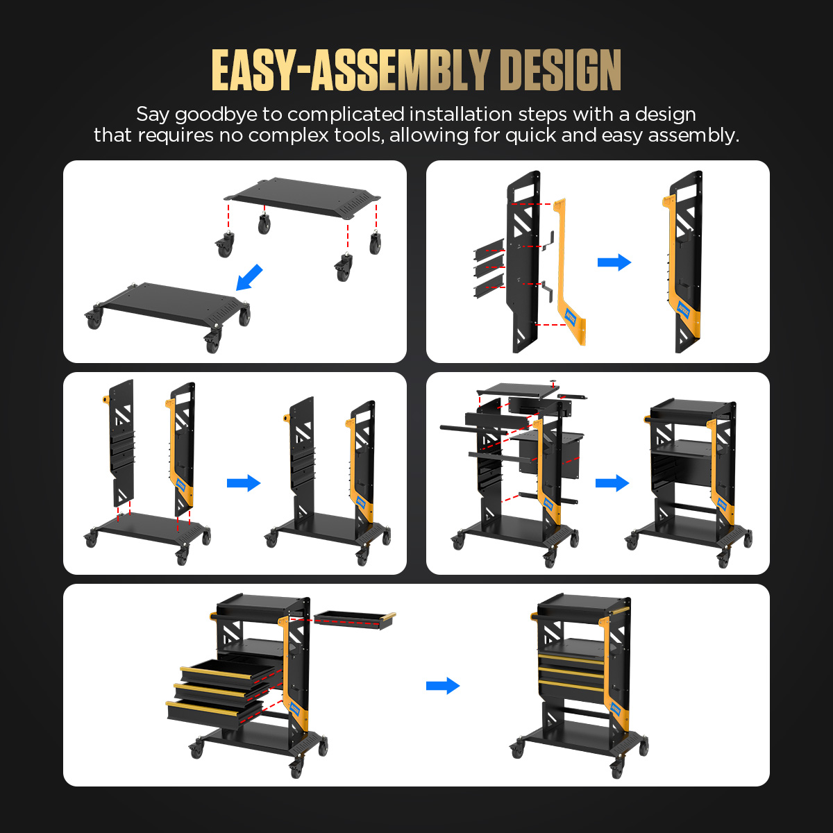 AUTOOL T26 illustrated assembly sequence for the caster base side frames shelves and drawers.