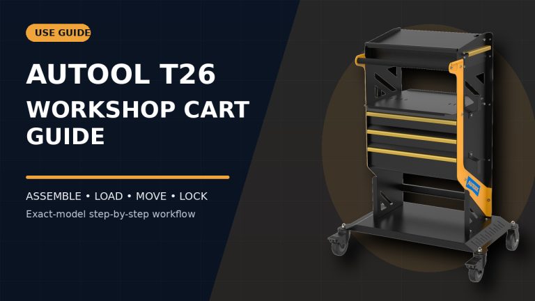 AUTOOL T26 workshop tool cart beside a How to Use title.