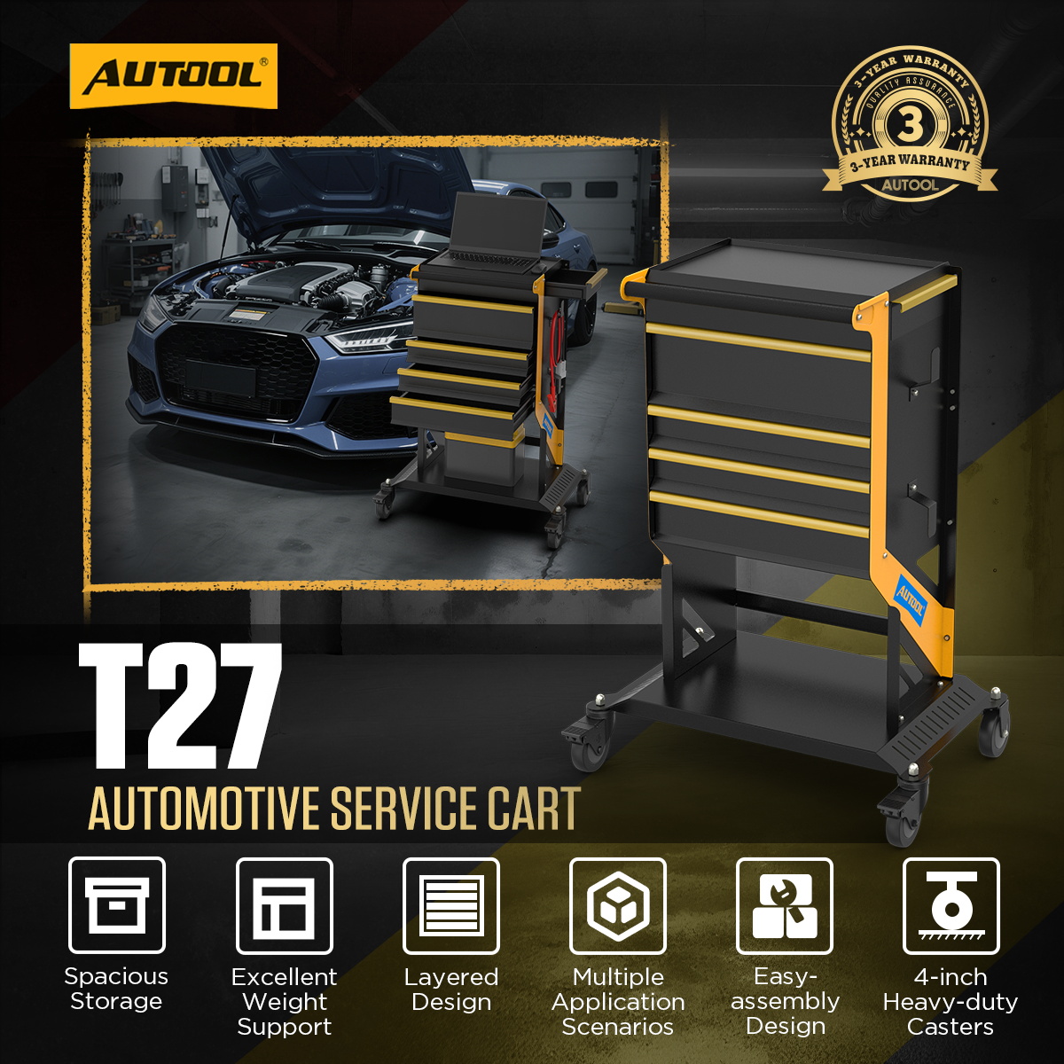 AUTOOL T27 workshop storage structure and equipment zones.
