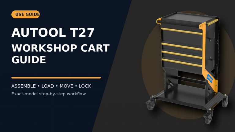 AUTOOL T27 workshop tool cart beside a How to Use title.