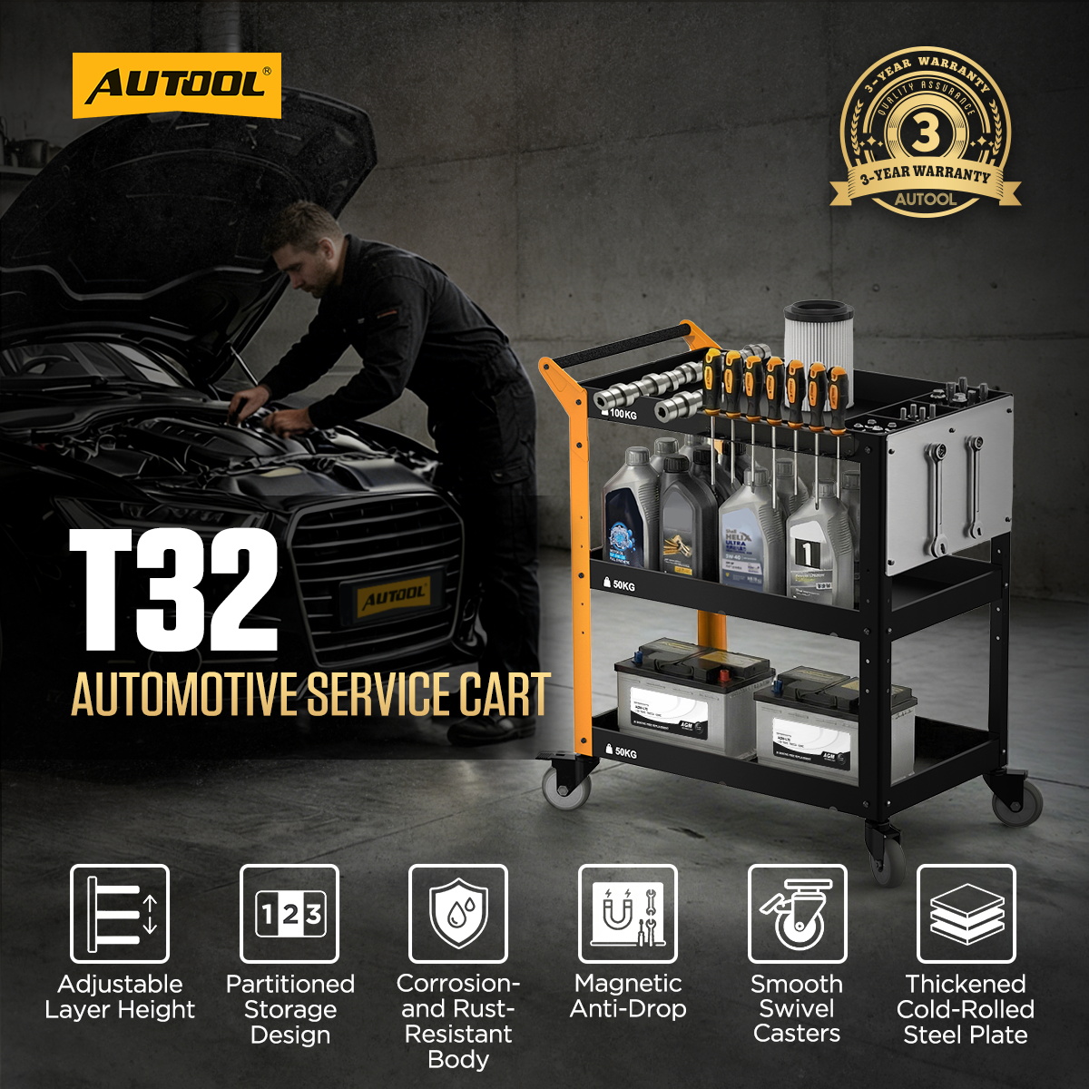 AUTOOL T32 workshop storage structure and equipment zones.