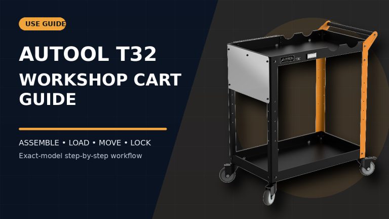 AUTOOL T32 workshop tool cart beside a How to Use title.