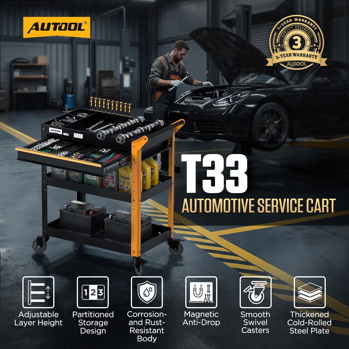 AUTOOL T33 workshop storage structure and equipment zones.