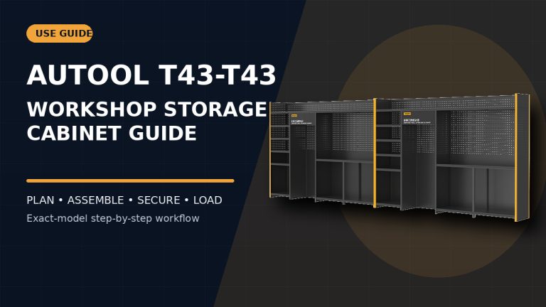 AUTOOL T43-T43 workshop tool storage cabinet beside a How to Use title.