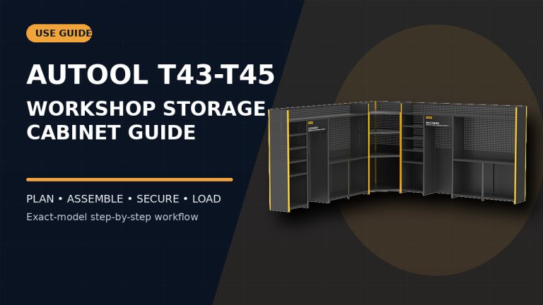 AUTOOL T43-T45 workshop tool storage cabinet beside a How to Use title.