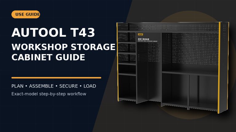 AUTOOL T43 workshop tool storage cabinet beside a How to Use title.