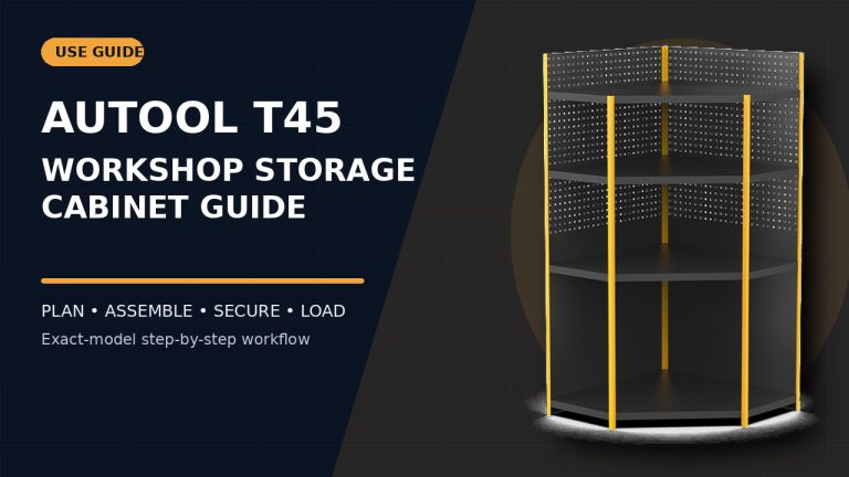 AUTOOL T45 workshop tool storage cabinet beside a How to Use title.