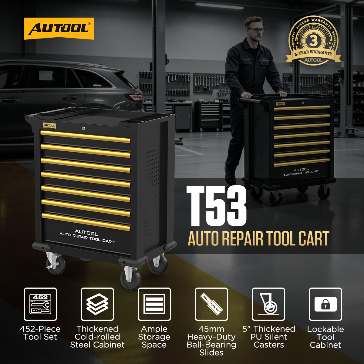 AUTOOL T53 workshop storage structure and equipment zones.
