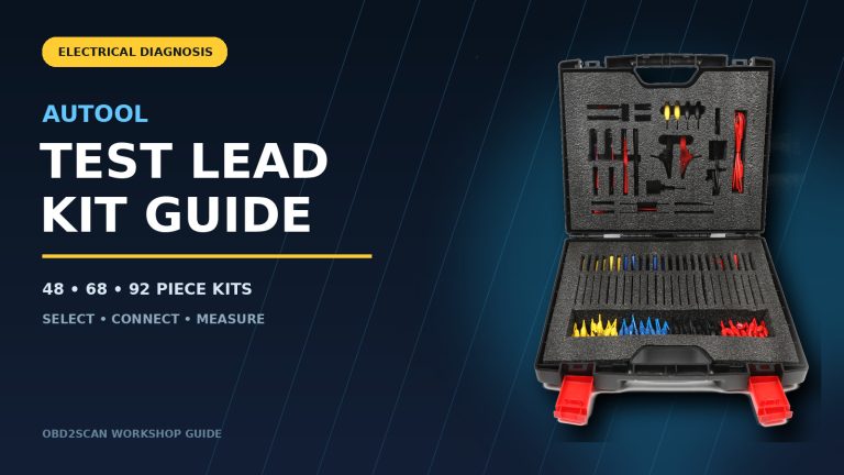 AUTOOL test lead kit guide cover with an open 92-piece case and 48 68 and 92 piece selection text.