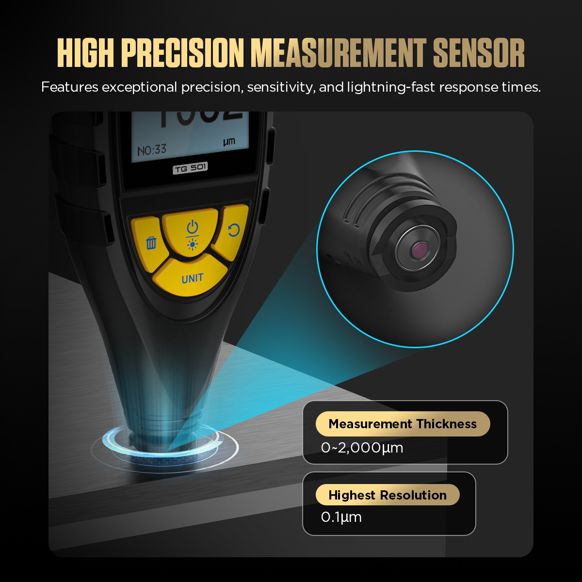 AUTOOL TG501 spring-loaded measurement probe placed squarely on a flat coated metal surface.