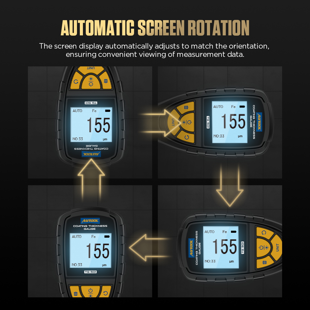 AUTOOL TG501 display rotating for easier reading while the probe remains square to a painted metal panel.