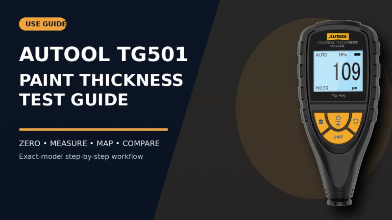 AUTOOL TG501 coating thickness gauge beside a How to Use title.
