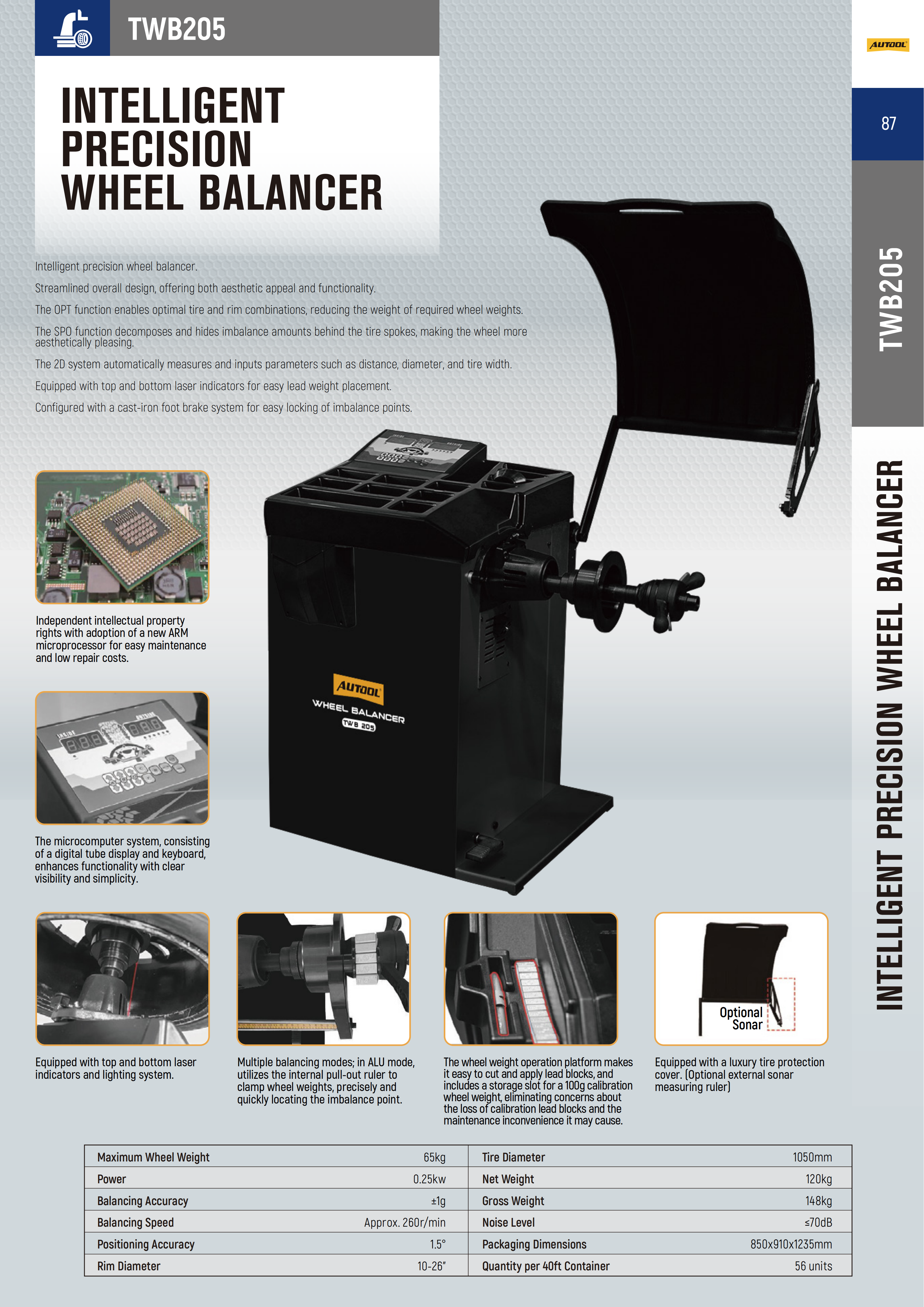 AUTOOL TWB205 intelligent precision wheel balancer with guard, 2D measurement, laser guidance, foot brake and weight platform identified.