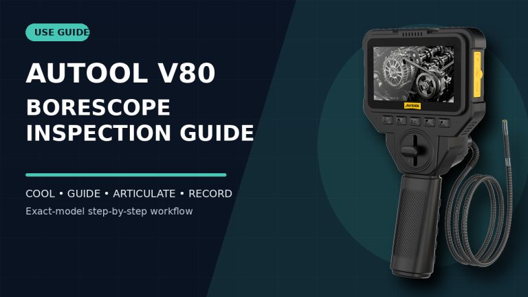 AUTOOL V80 articulating borescope beside a How to Use title.