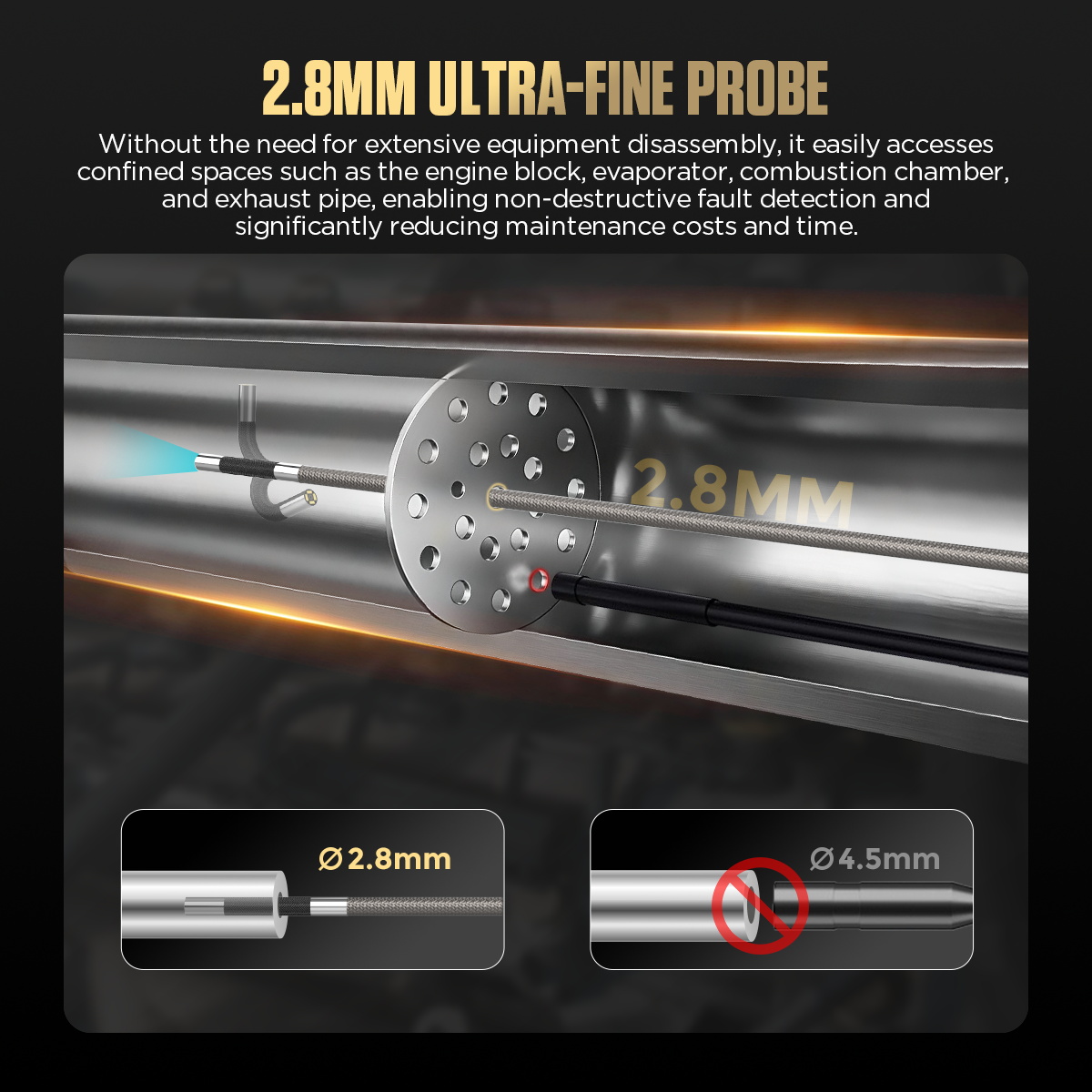 AUTOOL V86 camera-head and probe-diameter diagram for access planning.