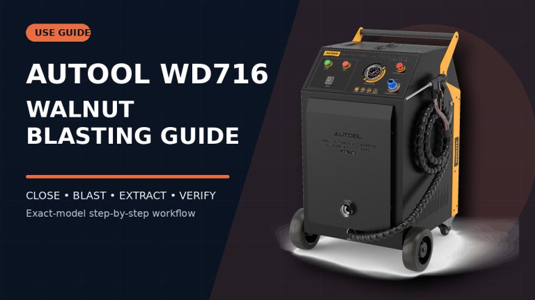 AUTOOL WD716 walnut shell carbon cleaner beside a How to Use title.