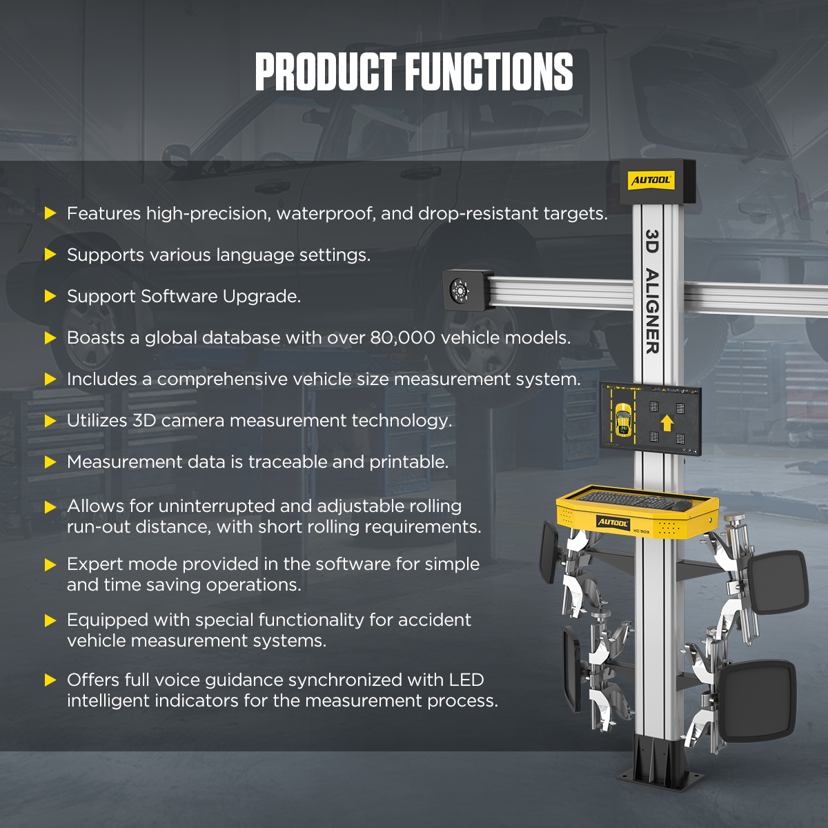 AUTOOL XC503 dual-camera system tracking four passive wheel targets.