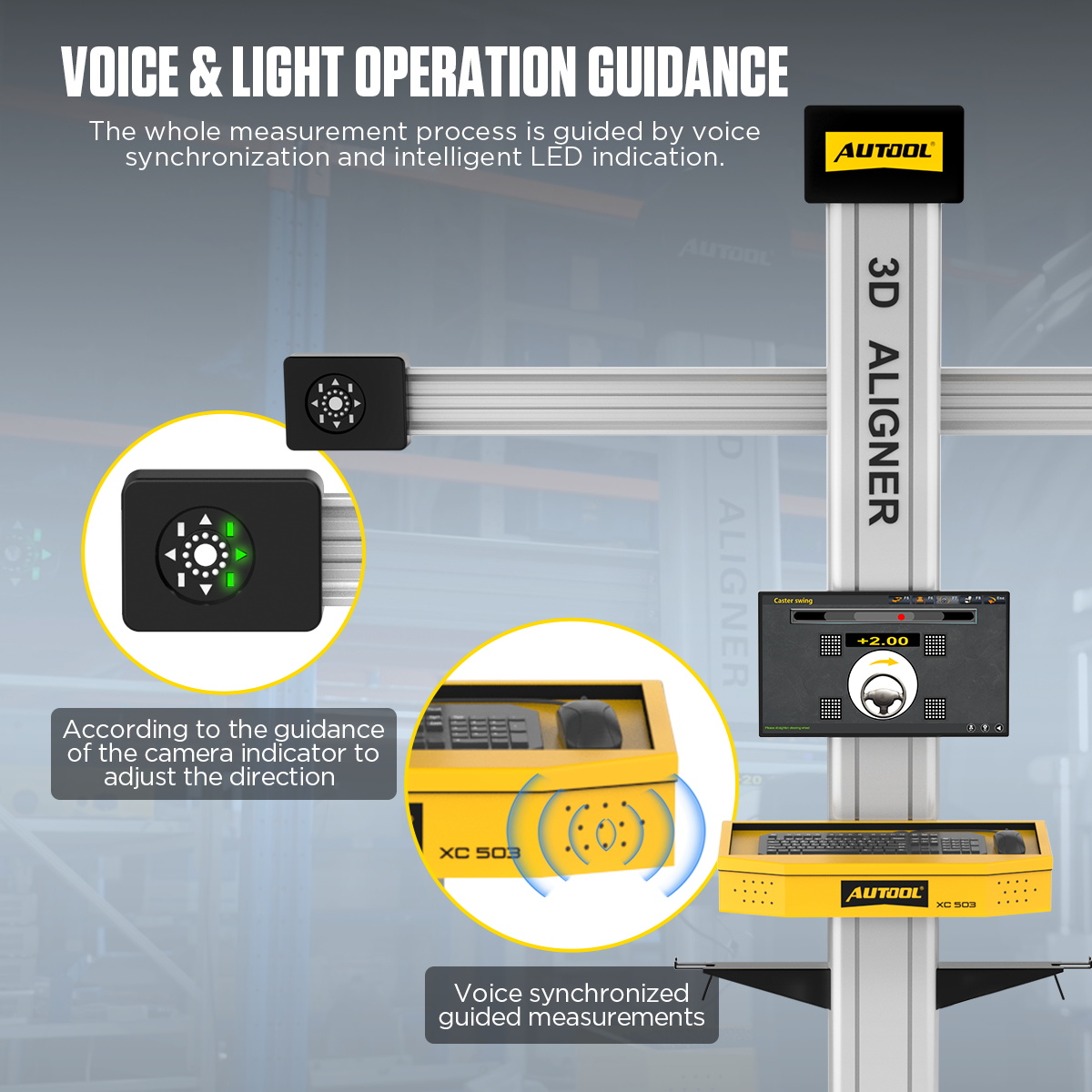 AUTOOL XC503 voice and LED guidance for compensation and wheel-alignment steps.