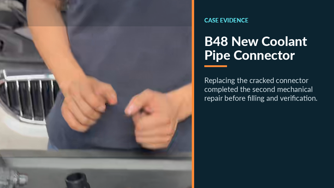 New BMW B48 coolant-pipe connector shown during the linked housing repair.