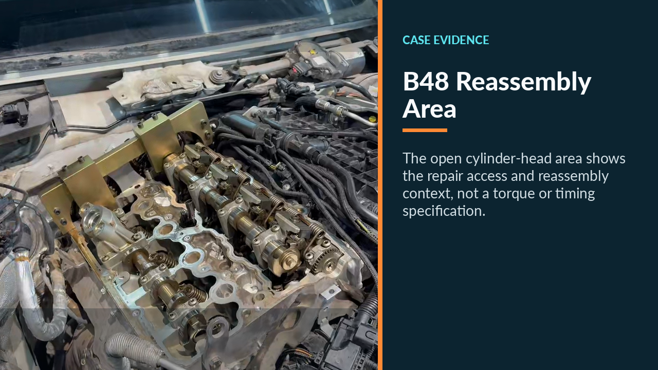 Open BMW B48 cylinder-head area during central valve service and reassembly