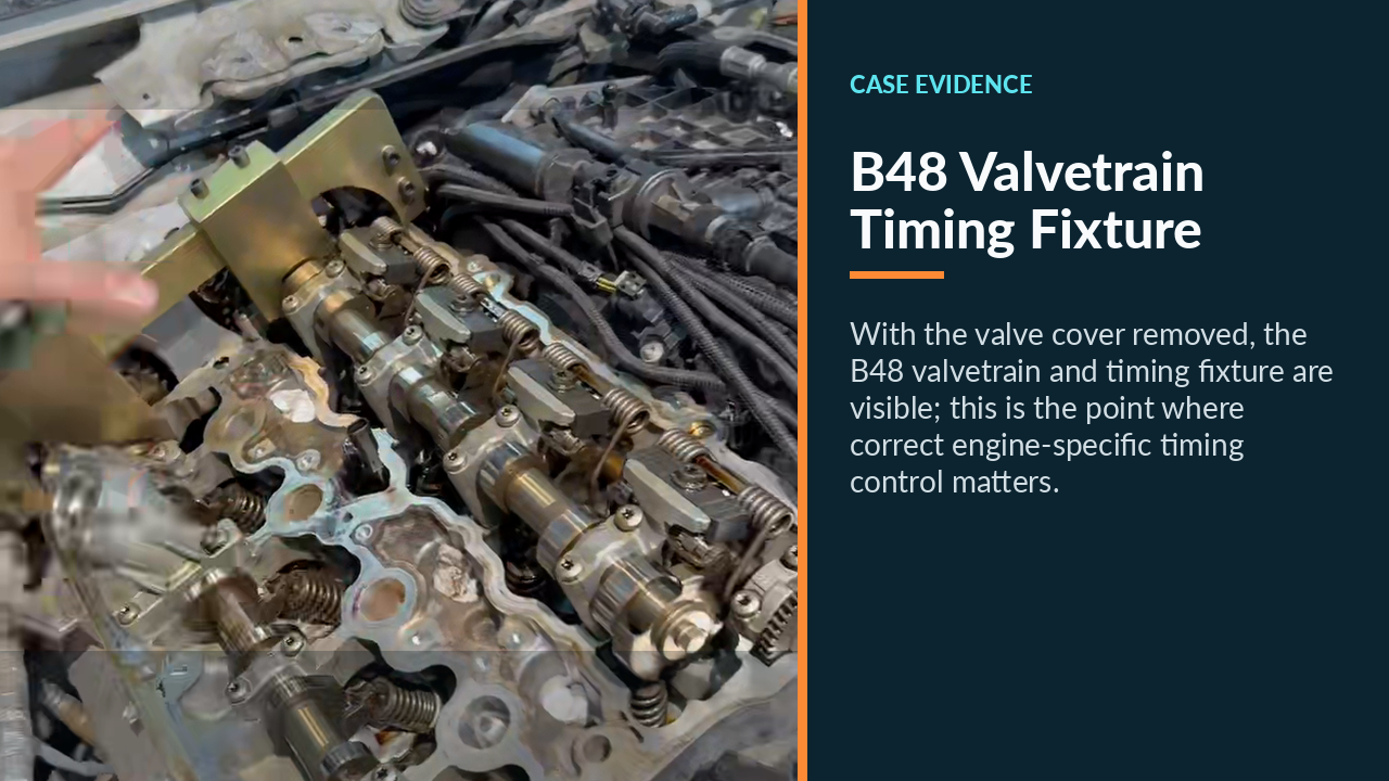 Exposed BMW B48 valvetrain with a timing fixture installed during repair