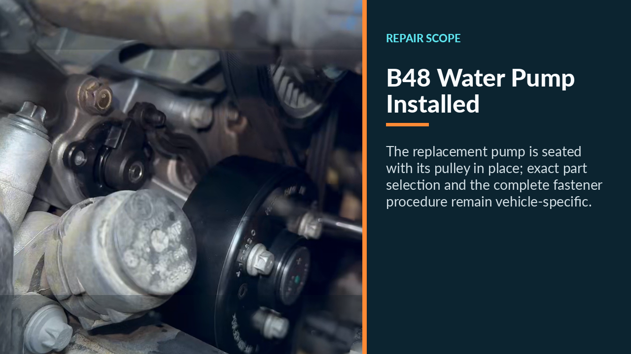 Replacement mechanical water pump installed on the BMW B48 engine.