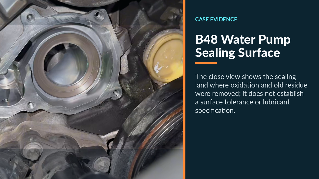 Prepared sealing face at the BMW B48 water-pump opening.