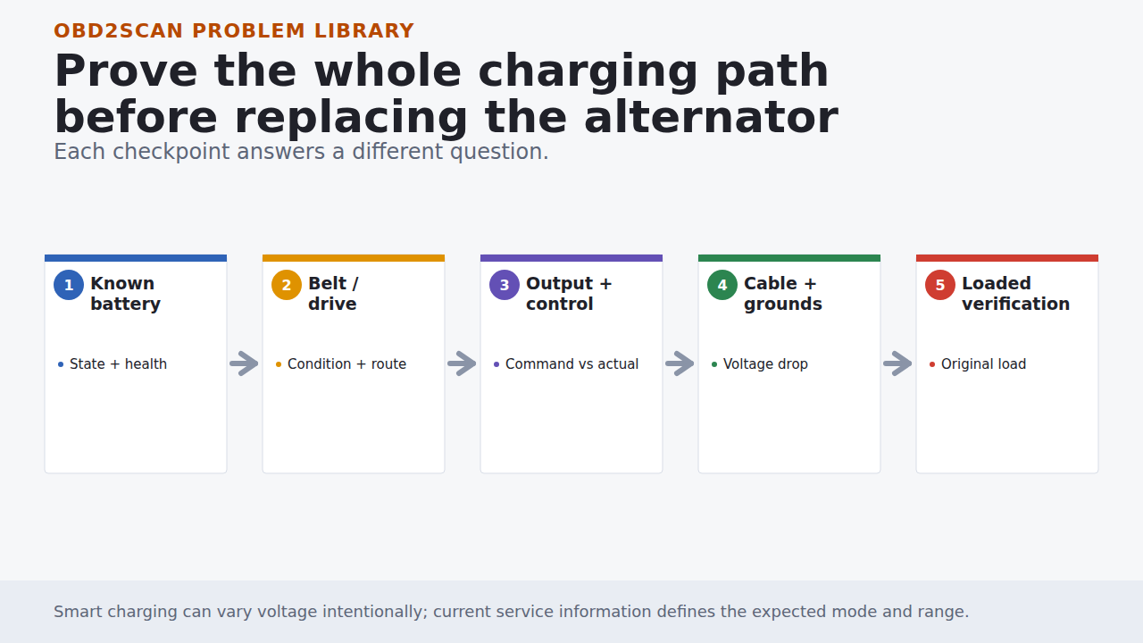 Charging-system proof chain for battery state, belt drive, generated output, cable and ground paths, control, and loaded verification