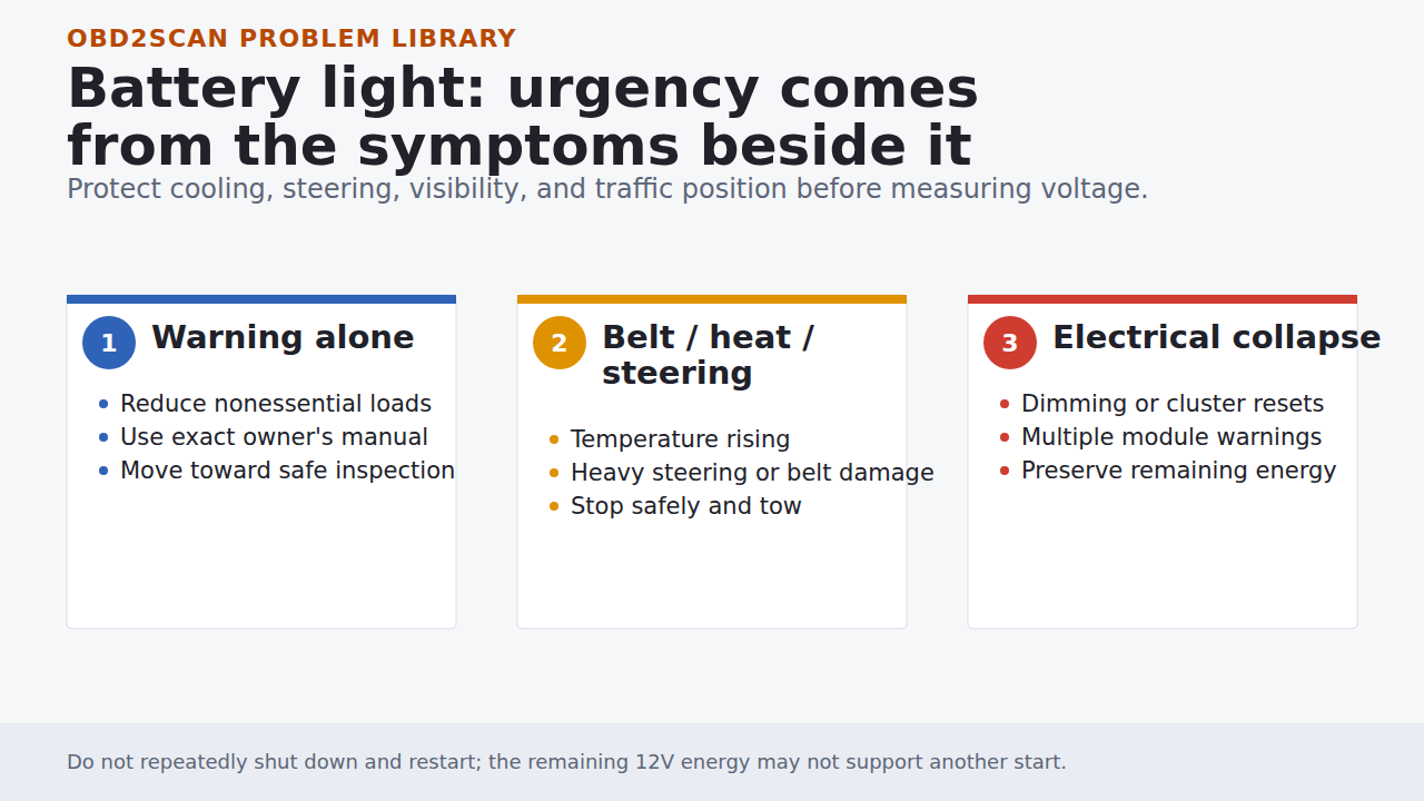 Battery warning response map from warning alone to belt, heat, steering, odor, and electrical escalation